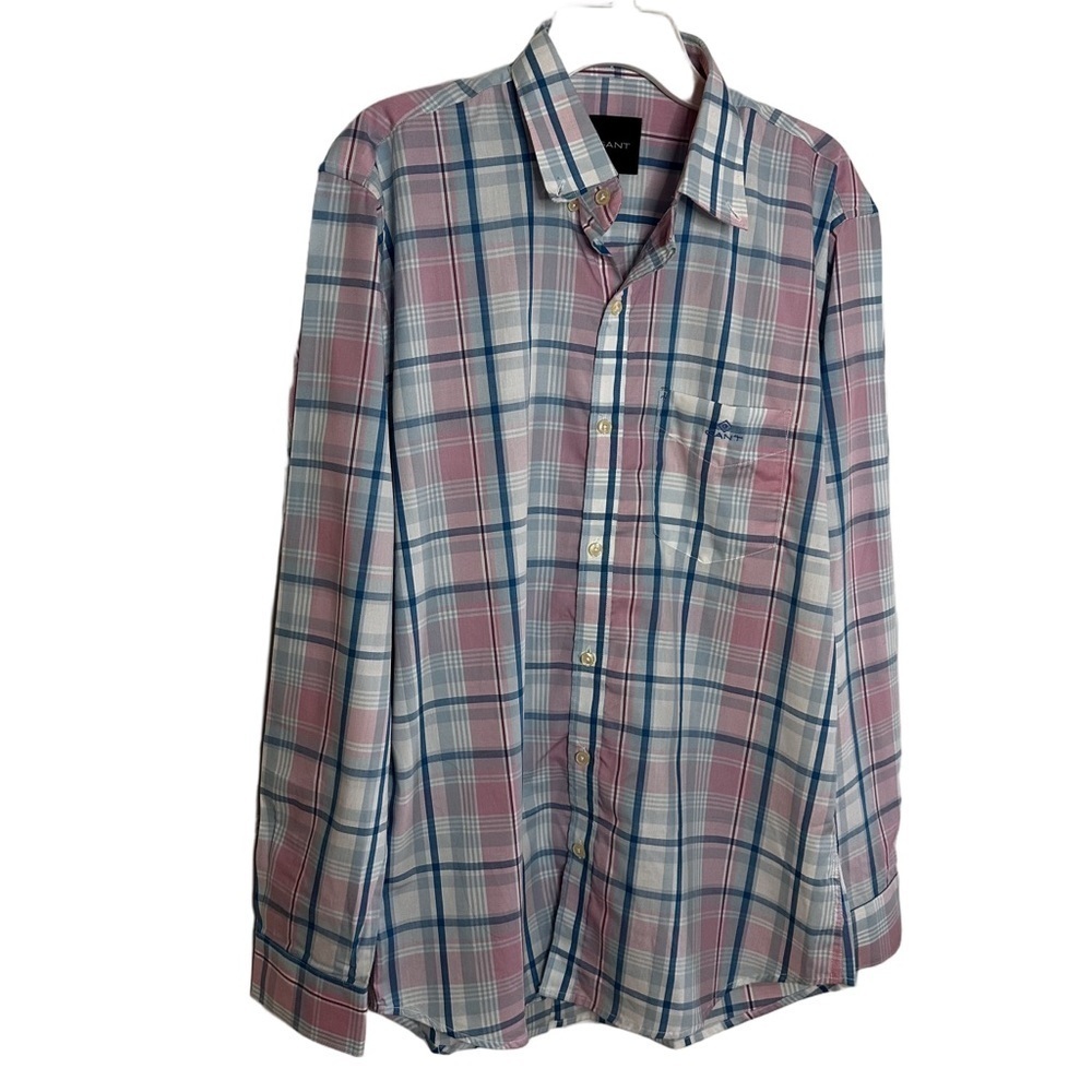 GANT Men’s L/S Button Down Shirt, Cotton, Size XL / 42, Pink & Blue Plaid